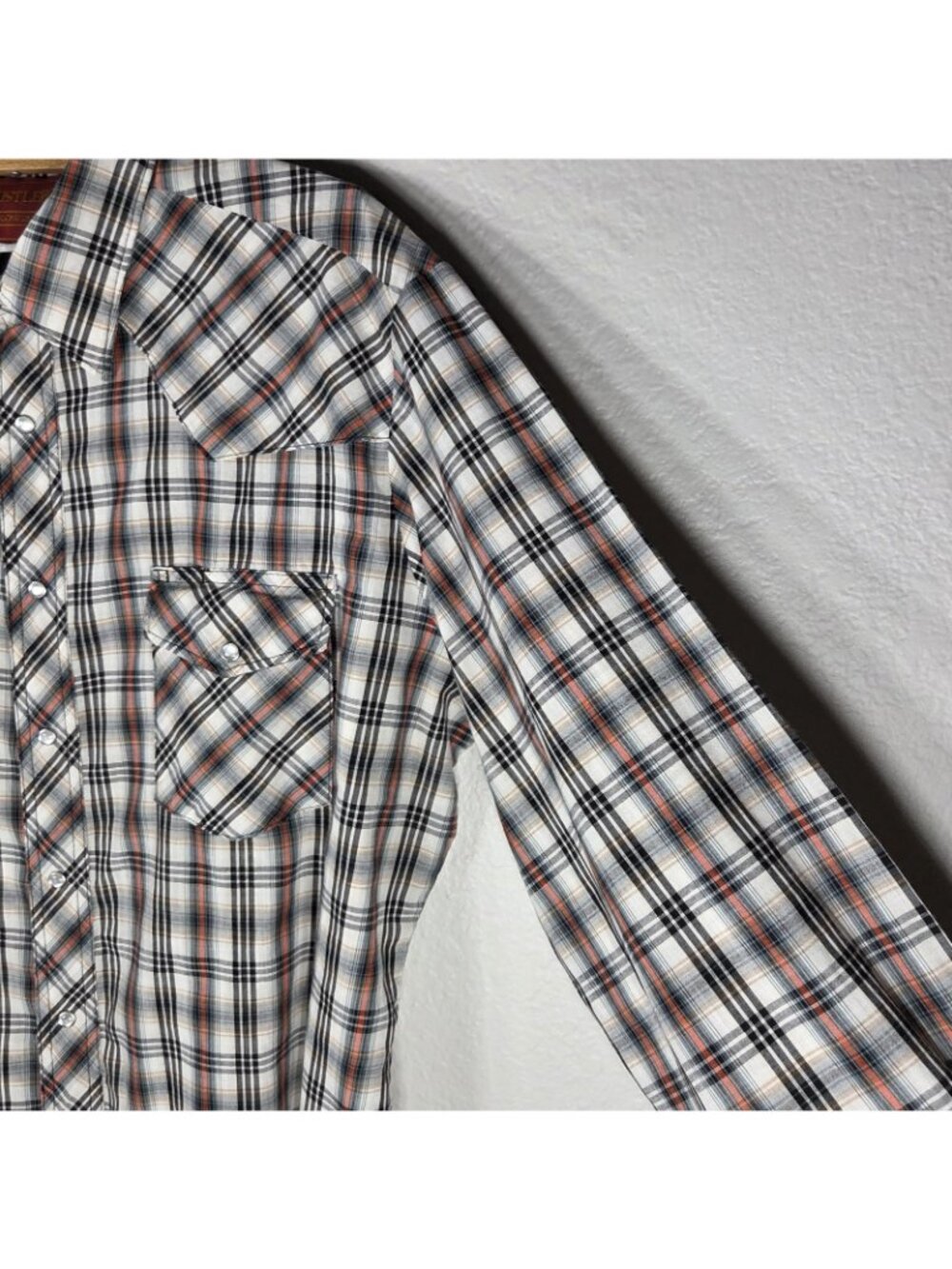 Vtg Rustler Pearl Snap Western Plaid Shirt X-Long Tails L Red Black Long Sleeve - Picture 9 of 15
